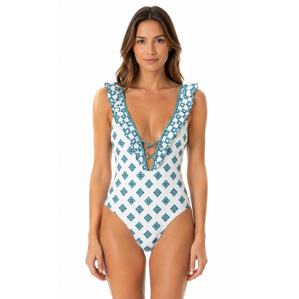 Ramy Brook Alize One Piece Swimsuit Sz Large White with Teal Green Tile Print